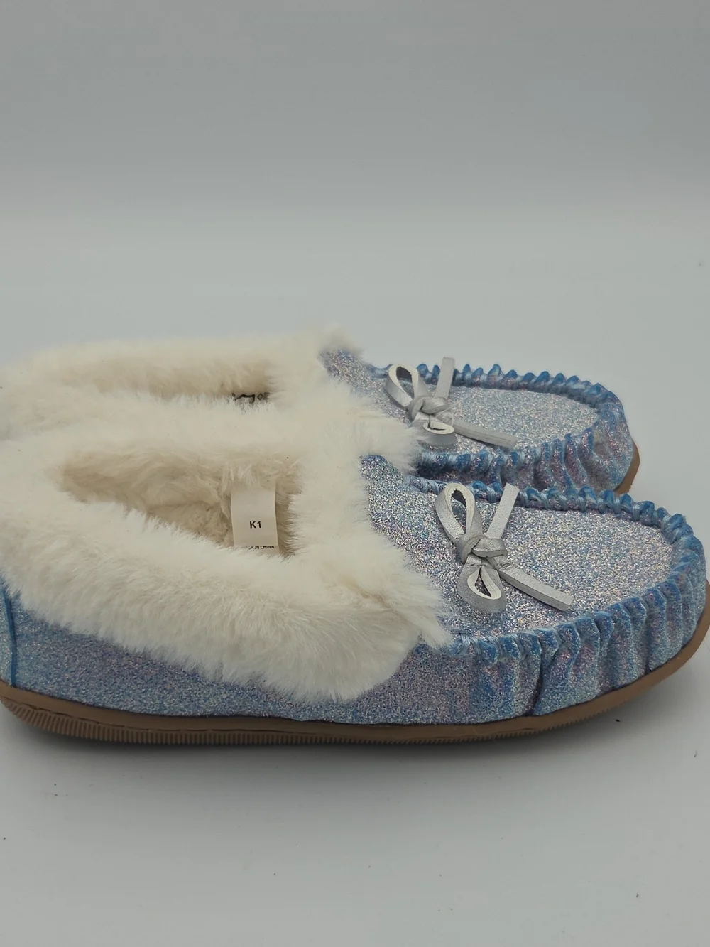 J. Crew Iridescent Blue Glitter Fur-Lined Moccasin Slippers Girl's Size 1